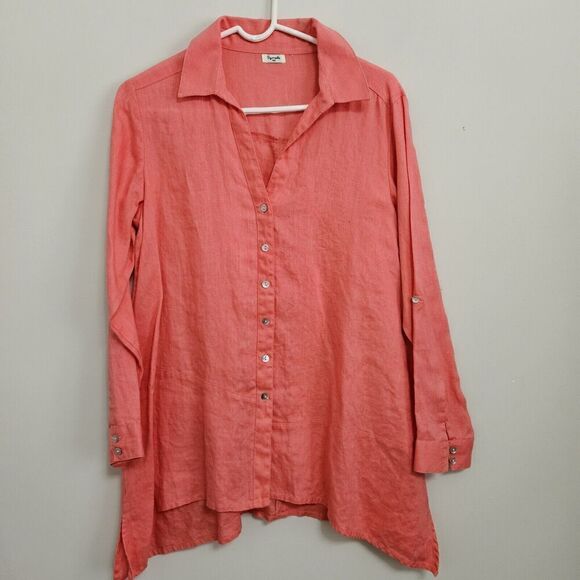 SYMPLE NYC Med-Large Shirt Tunic Blouse Top Coral Pink 100% Linen EUC - Picture 1 of 8